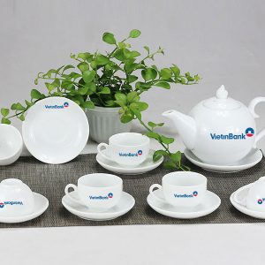 Bộ Ấm Chén In Logo Bát Tràng Chóp Lửa Trắng Giá Rẻ ACLGQBV213