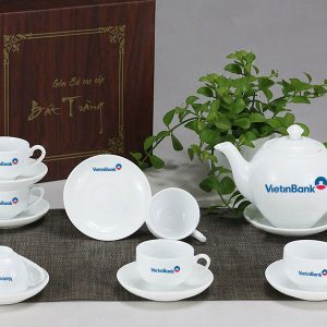 Bộ Ấm Chén In Logo Trắng Bát Tràng Dáng ML Đẹp ACLGQBV196