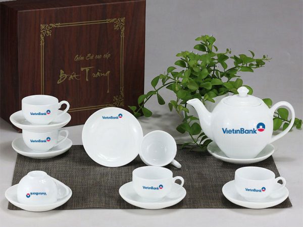 Bộ Ấm Chén In Logo Trắng Bát Tràng Dáng ML Đẹp ACLGQBV196
