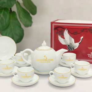 Bộ Ấm Chén In Logo Bát Tràng Chóp Lửa Chỉ Vàng Cao Cấp ACLGQBV214