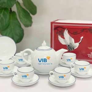 Bộ Ấm Chén In Logo Bát Tràng Chóp Lửa Xanh Dương ý nghĩa ACLGQBV212