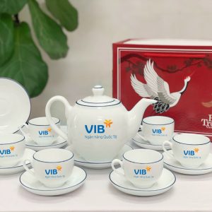 Bộ Ấm Chén In Logo Bát Tràng Dáng ML Xanh Dương Ý Nghĩa ACLGQBV202