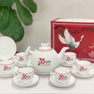 Bộ Ấm Chén In Logo Bát Tràng Dáng Bưởi Chỉ Đỏ cho khách hàng ACLGQBV208