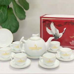 Bộ Ấm Chén In Logo Bát Tràng Dáng Bưởi Chỉ Vàng Tiện dụng ACLGQBV206
