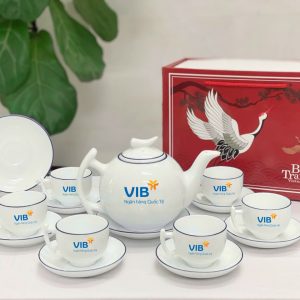 Bộ Ấm Chén In Logo Bát Tràng Dáng Bưởi Xanh Dương Theo Yêu Cầu ACLGQBV205