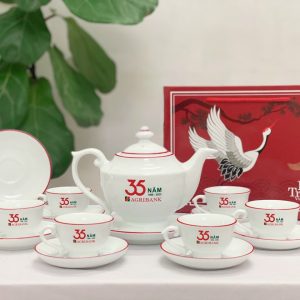Bộ Ấm Chén In Logo Bát Tràng Đèn Thần Chỉ Đỏ Giá Tốt Sang Trọng ACLGQBV200