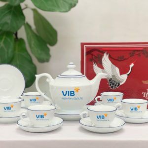 Bộ Ấm Chén In Logo Bát Tràng Đèn Thần Xanh Dương ý nghĩa ACLGQBV197