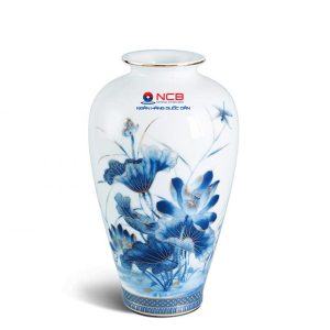 Bình hoa Minh Long quà tặng 27 cm – Sen Vàng – Men ngọc In Logo quà tặng NCB HG Sang Trọng BHLGQBV19