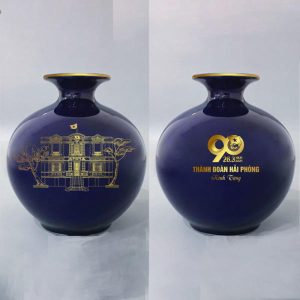 Bình Hút Tài lộc Bát Tràng Vẽ Vàng In Logo Đại Hội đẹp Sang Trọng BHLGQBV32