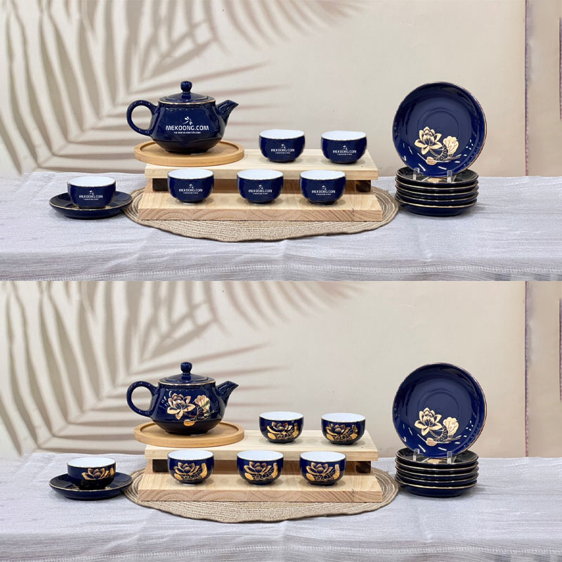 Bộ ấm trà dĩa lót xanh dương vẽ vàng hoa sen in logo Mekoong Giá Rẻ ACLGQBV78 Bộ ấm trà dĩa lót xanh dương vẽ vàng hoa sen in logo Vietcombank Giá Rẻ ACLGQBV78