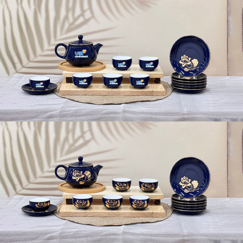 Bộ ấm trà dĩa lót xanh dương vẽ vàng hoa sen in logo VIB Giá Rẻ ACLGQBV78 Bộ ấm trà dĩa lót xanh dương vẽ vàng hoa sen in logo Vietcombank Giá Rẻ ACLGQBV78