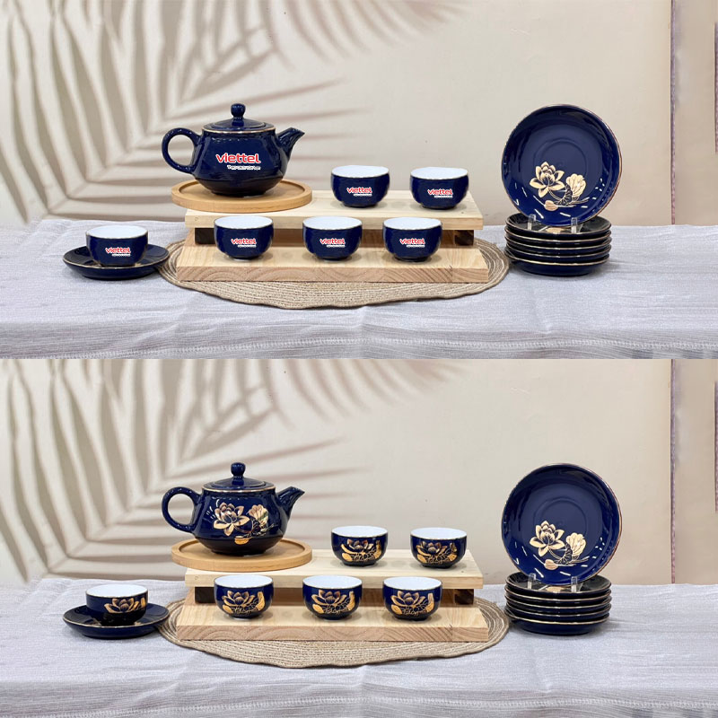 Bộ ấm trà dĩa lót xanh dương vẽ vàng hoa sen in logo Viettel Giá Rẻ ACLGQBV78 Bộ ấm trà dĩa lót xanh dương vẽ vàng hoa sen in logo Vietcombank Giá Rẻ ACLGQBV78