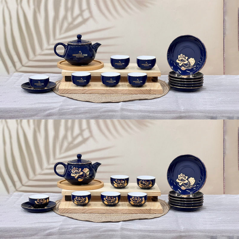 Bộ ấm trà dĩa lót xanh dương vẽ vàng hoa sen in logo Mekoong Giá Rẻ ACLGQBV78 Bộ ấm trà dĩa lót xanh dương vẽ vàng hoa sen in logo Vietcombank Giá Rẻ ACLGQBV78
