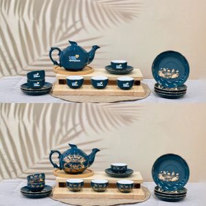 Bộ ấm trà dĩa lót xanh ngọc vẽ vàng hoa sen in logo VIB Sang Trọng ACLGQBV81