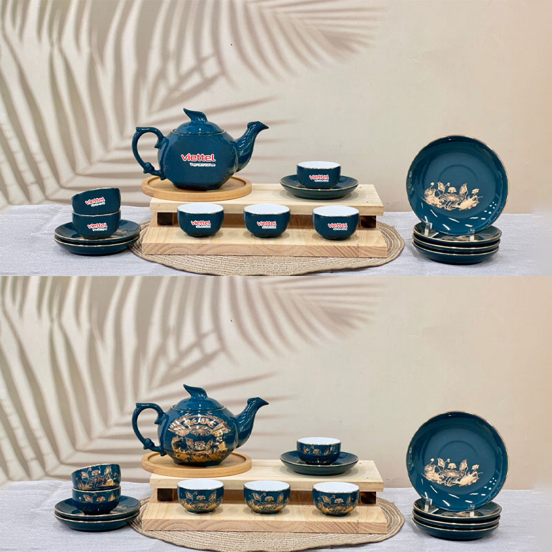 Bộ ấm trà dĩa lót xanh ngọc vẽ vàng hoa sen in logo Viettel Sang Trọng ACLGQBV81 Bộ ấm trà dĩa lót xanh ngọc vẽ vàng hoa sen in logo VIB Sang Trọng ACLGQBV81