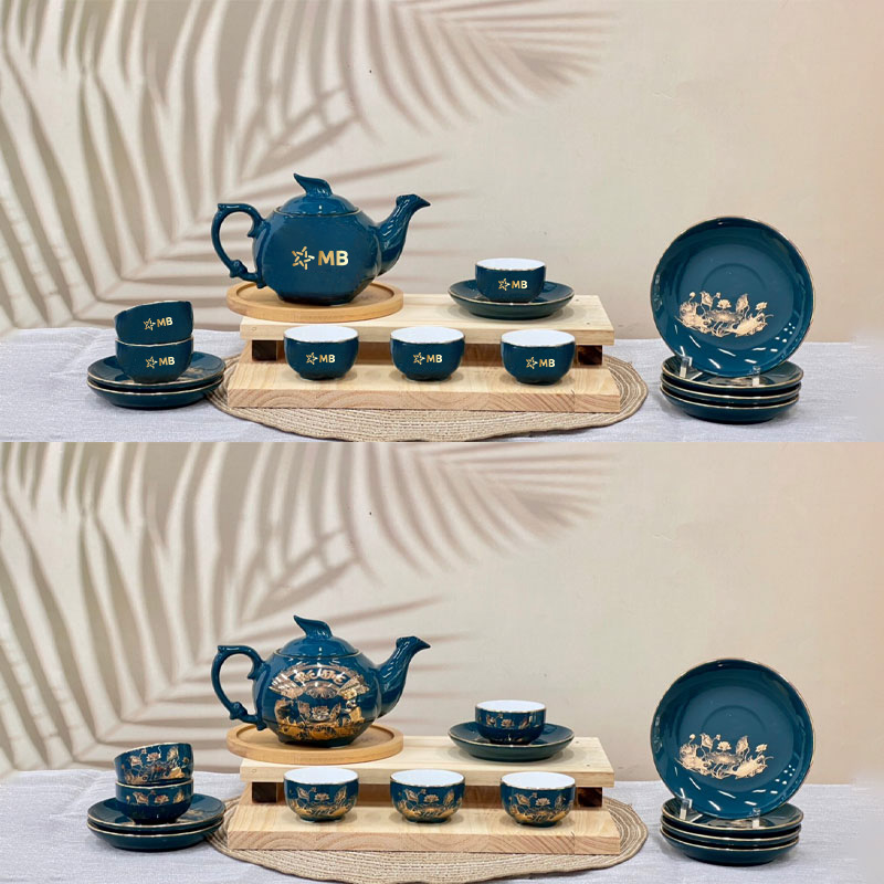 Bộ ấm trà dĩa lót xanh ngọc vẽ vàng hoa sen in logo MB Sang Trọng ACLGQBV81 Bộ ấm trà dĩa lót xanh ngọc vẽ vàng hoa sen in logo VIB Sang Trọng ACLGQBV81