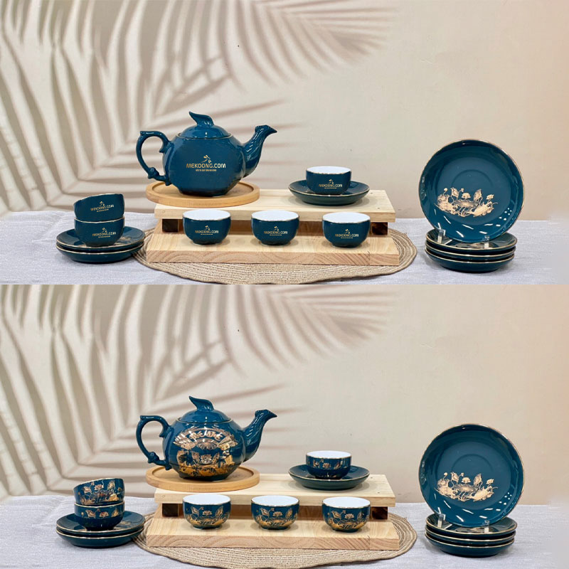 Bộ ấm trà dĩa lót xanh ngọc vẽ vàng hoa sen in logo Mekoong Sang Trọng ACLGQBV81 Bộ ấm trà dĩa lót xanh ngọc vẽ vàng hoa sen in logo VIB Sang Trọng ACLGQBV81