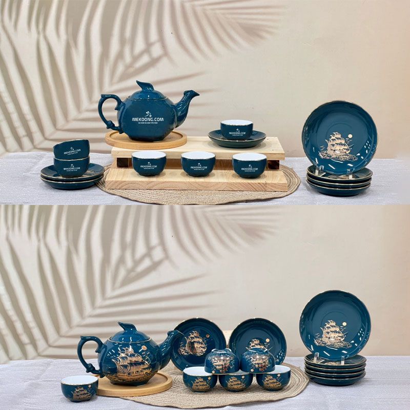 Bộ ấm trà dĩa lót xanh ngọc vẽ vàng thuyền buồm in logo Mekoong cho doanh nghiệp ACLGQBV87