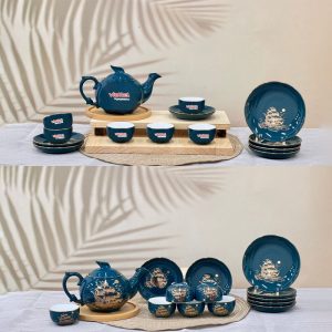 Bộ ấm trà dĩa lót xanh ngọc vẽ vàng thuyền buồm in logo Viettel cho doanh nghiệp ACLGQBV87