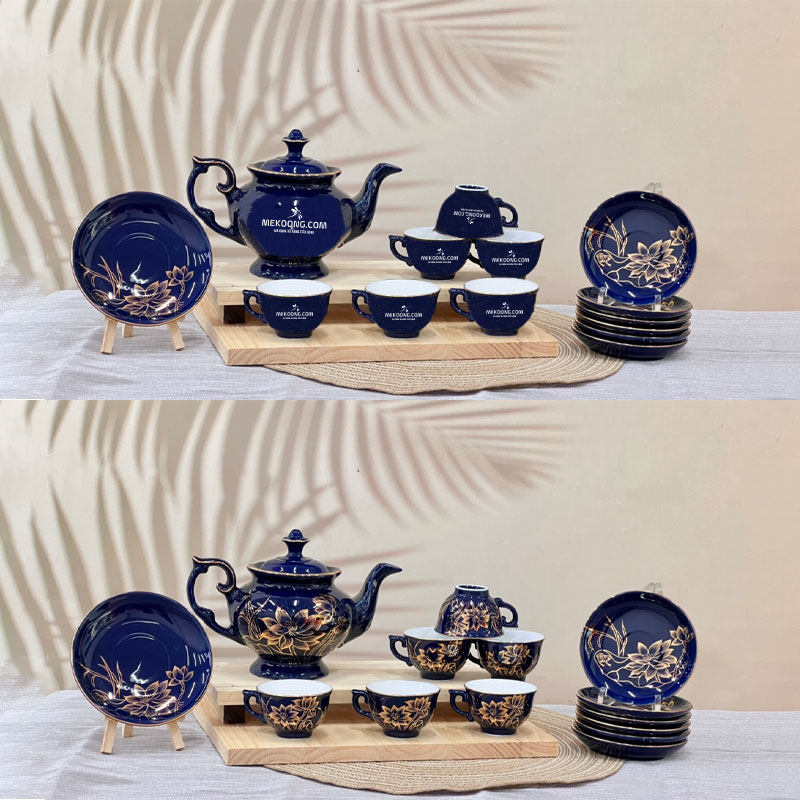 Ứng dụng bộ ấm trà dĩa lót xanh vẽ vàng hoa sen cho doanh nghiệp ACLGQBV162 Bộ ấm trà dĩa lót xanh vẽ vàng hoa sen – logo Vietcombank cho doanh nghiệp ACLGQBV162