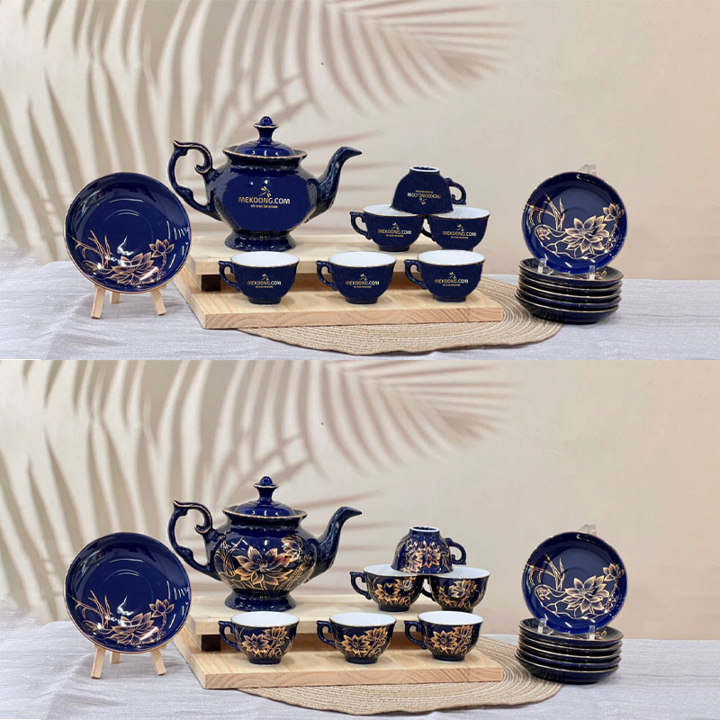 Ứng dụng bộ ấm trà dĩa lót xanh vẽ vàng hoa sen cho doanh nghiệp ACLGQBV162 Bộ ấm trà dĩa lót xanh vẽ vàng hoa sen – logo Vietcombank cho doanh nghiệp ACLGQBV162