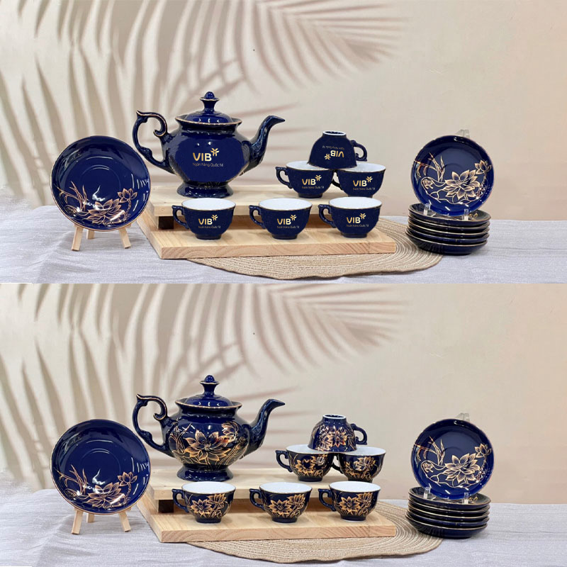Bộ ấm trà dĩa lót xanh vẽ vàng hoa sen - logo VIB cho doanh nghiệp ACLGQBV162 Bộ ấm trà dĩa lót xanh vẽ vàng hoa sen – logo Vietcombank cho doanh nghiệp ACLGQBV162