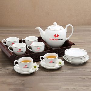 Bộ Ấm Trà Sứ Minh Châu Kẻ Viền Vàng in logo Techcombank HG Cao Cấp