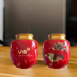 Hũ trà màu đỏ vẽ vàng hoa sen Giá Tốt Sang Trọng ACLGQBV185