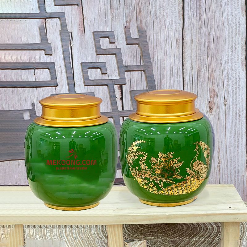 Đặt In Sản Phẩm Hũ Trà Quà Tặng In Logo Uy Tín, Giá Rẻ Tại TP.HCM Hũ trà màu xanh ngọc vẽ vàng khổng tước in logo VIB Giá Tốt Sang Trọng ACLGQBV105