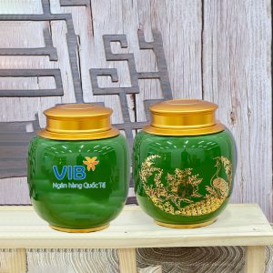 Hũ trà màu xanh ngọc vẽ vàng khổng tước in logo VIB Giá Tốt Sang Trọng ACLGQBV105