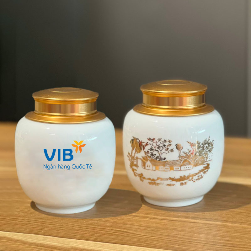 Hũ trà trắng vẽ vàng làng xưa in logo Viettel Giá Rẻ ACLGQBV123