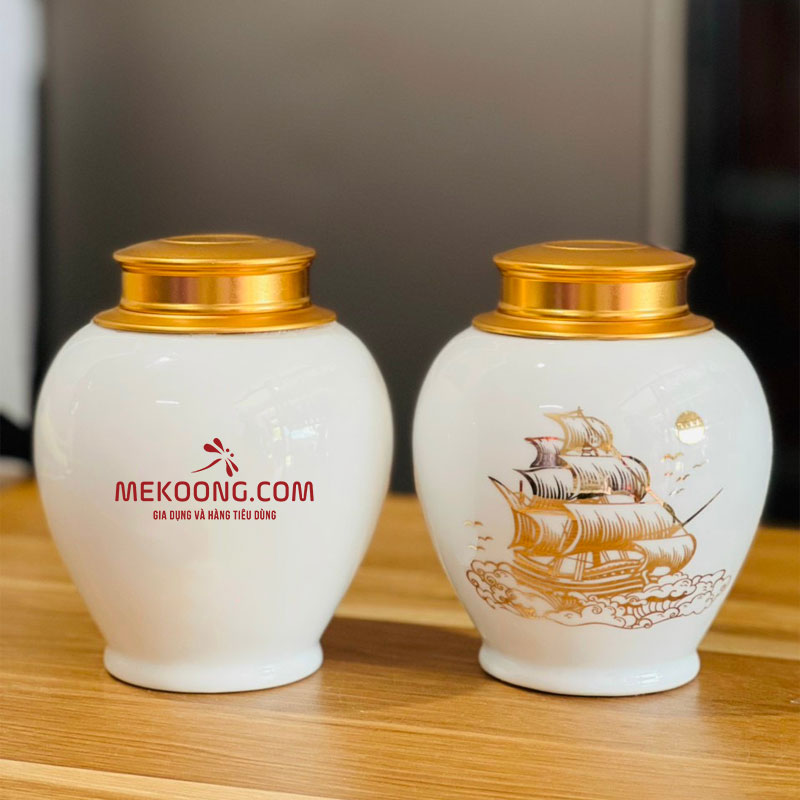Hũ trà trắng vẽ vàng thuyền buồm in logo Vietcombank Sang Trọng ACLGQBV126