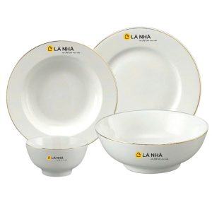 Bộ Đồ Ăn Minh Long Jasmine Chỉ Vàng Bộ 9 Sản Phẩm In Logo Là Nhà