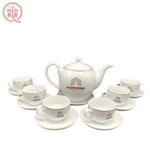 Ấm Chén In Logo FAMHOME Quà Tặng Bát Tràng Dáng Bưởi Chỉ Vàng ACILGBT85