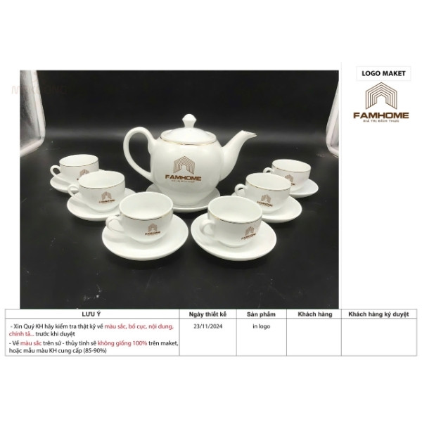 Hình Ảnh Về Sản Phẩm Ấm Chén In Logo FAMHOME Quà Tặng Bát Tràng Dáng Bưởi Chỉ Vàng ACILGBT85