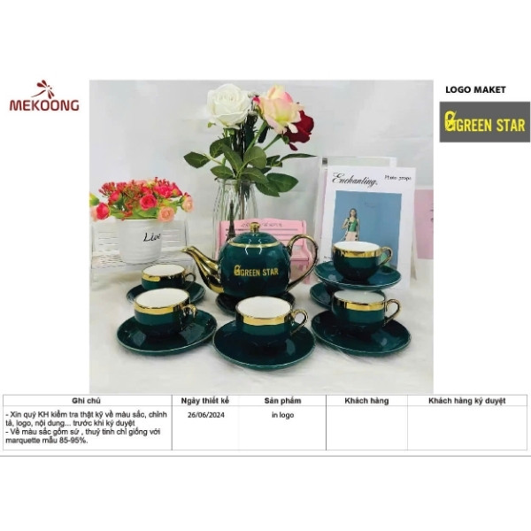 Hình Ảnh Thực Tế Về Sản Phẩm Ấm Chén In Logo Green Star Quà Tặng OEM Xanh Ngọc Viền Vàng ACILGOEM98
