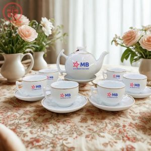 Ấm Chén In Logo Ngân Hàng MB Quà Tặng Bát Tràng - Trăng Khuyết ACILGBT71