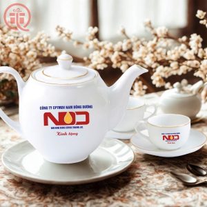 Ấm Chén In Logo Quà Tặng Ming Long Trắng Camellia Chỉ Vàng Đẹp ACILGML79