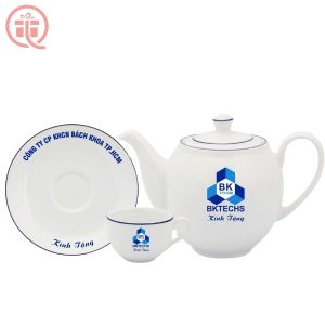 Ắm Chén In Logo Quà Tặng Minh Long Camellia - Chỉ Xanh Dương ACILGML112