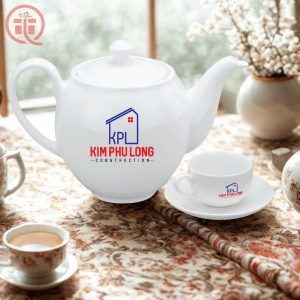 Ắm Chén In Logo Quà Tặng Minh Long Có Nấp Camellia Trắng ACILGML78