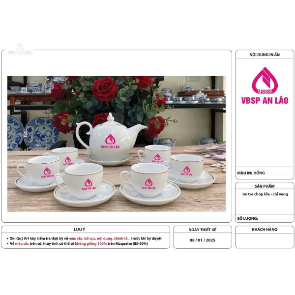 Hình Ảnh Thực Tế Ắm Chén In Logo VBSP An Lão Quà Tặng Bát Tràng – Bưởi Lửa Chỉ Vàng ACILGBT80