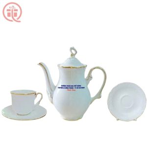 Bộ Ấm Chén Cà Phê In Logo Quà Tặng Minh Long Tiệp (Royal) Viền Chỉ Vàng ACILGML114