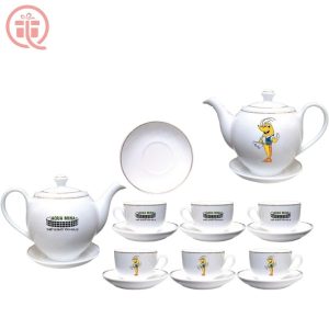 Bộ Ấm Chén In Logo Aqua Mina Quà Tặng Bát Tràng Viền Vàng Cao Cấp ACILGBT115