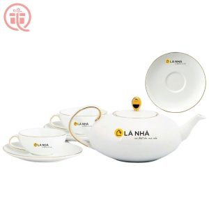 Bộ Ấm Chén In Logo Là Nhà Quà Tặng Minh Long Dáng Elip Anna Chỉ Vàng ACILGML95