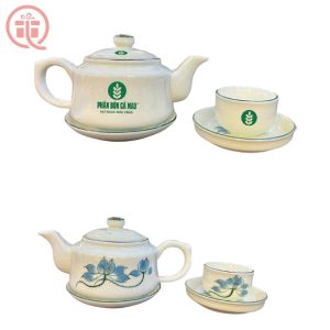 Bộ Ấm Chén In Logo Phân Bón Cà Mau Quà Tặng Bát Tràng Họa Tiết Hoa Sen ACILGBT76
