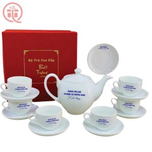 Bộ Ấm Chén In Logo Quà Tặng Bát Tràng Dáng Bưởi Trắng Trơn Cao Cấp ACILGBT86