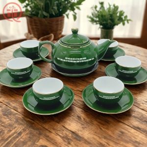 Bộ Ấm Trà In Logo BIFA Quà Tặng Bát Tràng Chén Xanh Ngọc Chỉ Vàng ACILGBT104