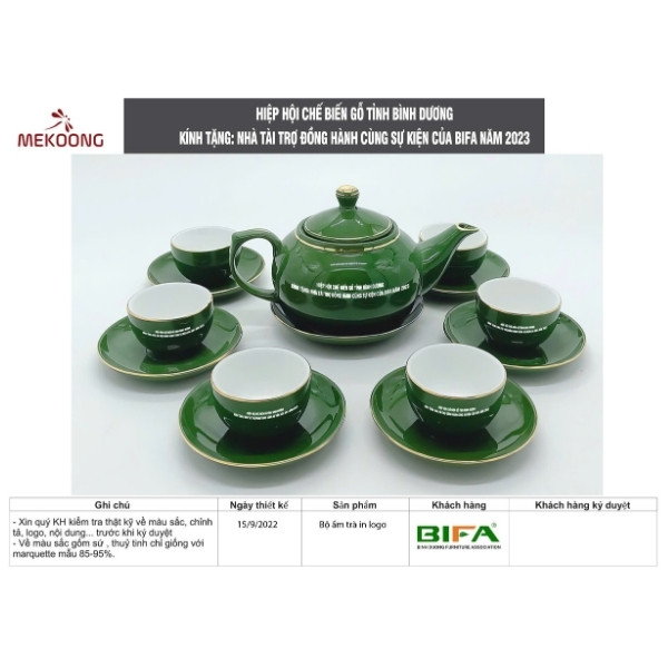 Hình Ảnh Thực Tế Về Mẫu Sản Phẩm Bộ Ấm Trà In Logo BIFA Quà Tặng Bát Tràng Chén Xanh Ngọc Chỉ Vàng ACILGBT104
