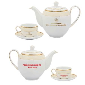 Bộ Ấm Trà In Logo Đại Hội Quà Tặng Minh Long Viền Chỉ Vàng ACILGML87