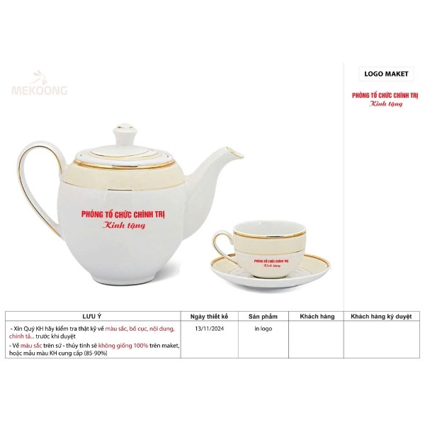 Hình Ảnh Thực Tế Bộ Ấm Trà In Logo Đại Hội Quà Tặng Minh Long Viền Chỉ Vàng ACILGML87